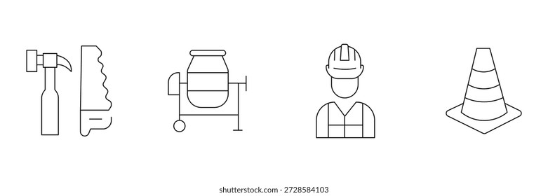 Conjunto de iconos de herramientas de construcción, sierra de martillo, hormigonera, casco de trabajador, ilustración de seguridad de cono de tráfico.