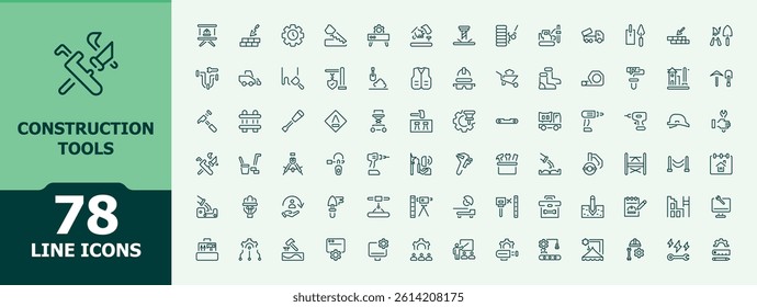 Construction Tools icon set. Includes symbols for house, paint, plumbing, mechanic, work and more. Minimal thin line web icons set. Machinery vector line icon set. Vector illustration.