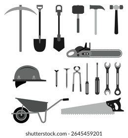 Construction tools icon set including hammer, saw, helmet, and more. with greyscale style