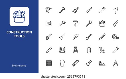 Construction Tools Icon Set with line style. Perfect for UI, infographics, or social media content related to construction tools, repair tools, or equipment.