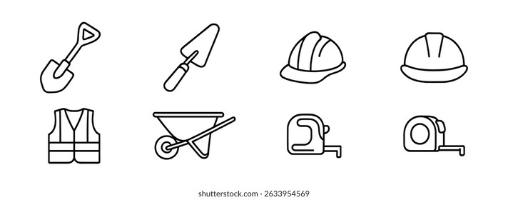 Construction tools icon set - line style, hard hats and equipment symbols