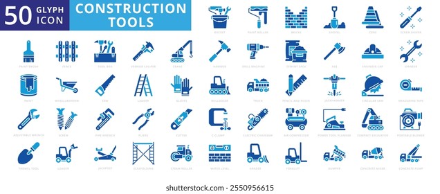 Conjunto de ícone de ferramentas de construção com pintura, caminhão, grua, martelo, spanner, alicate, cerca, escavadeira, machado, tijolos, pá, carril, empilhadeira, luvas, carregador, andaimes, balde, betoneira, serra