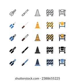 Construction and Tools icon set, Set of construction, pliers, chisel, construction cones, construction sign, cement mixer, icons