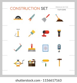 Construction tools icon set. Saw, hammer, drill, screwdriver, toolbox. Renovation concept. Can be used for topics like interior decoration, construction site, DIY store