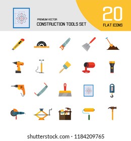 Construction tools icon set. Saw, hammer, drill, screwdriver, toolbox. Renovation concept. Can be used for topics like interior decoration, construction site, DIY store