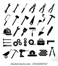 construction tools icon set. silhouette icons collection.