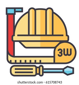 Construction tools icon symbol: meter, hard hat, hammer, screwdriver. Editable strokes. Flat design line vector illustration concept. Image isolated on white background
