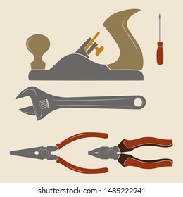 Construction tools icons. Block plane, screwdriver, adjustable wrench, pliers, long nose pliers.
