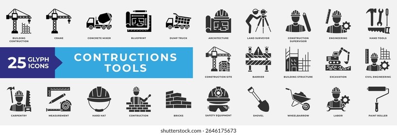 Conjunto de coleta de ícones de Ferramentas de Construção. Contendo construção, guindaste, arquitetura, engenharia, ferramentas manuais, engenharia civil e equipamentos de segurança. Vetor de Glifos Simples.