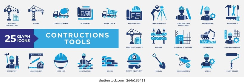 Construction Tools icons collection set. Containing building, crane, architecture, engineering, hand tools, civil engineering, and safety equipment. Simple Flat Vector.
