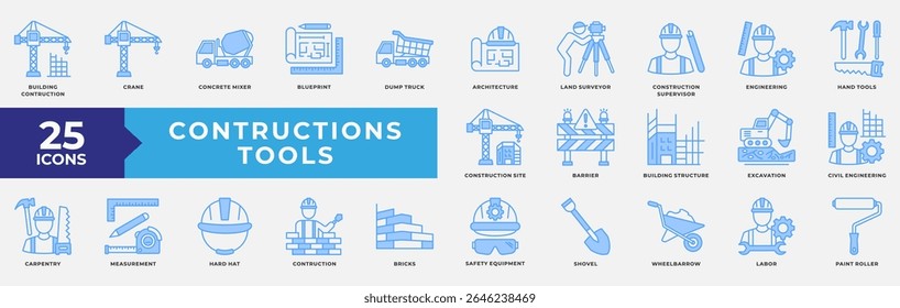 Conjunto de coleta de ícones de Ferramentas de Construção. Contendo construção, guindaste, arquitetura, engenharia, ferramentas manuais, engenharia civil e equipamentos de segurança. Vetor Azul Simples.