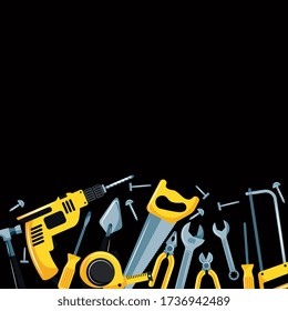 construction tools icons. drill saw screws pliers wrench tape measure and hammer with blank space. vector illustration