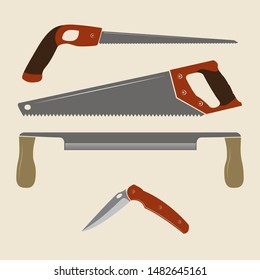 Construction tools icons. Keyhole saw, handsaw, drawknife and folding knife.