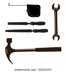 Construction tools icons. Roulette, chisel, file tool, wrench, hammer.