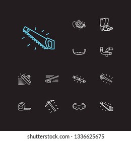 Construction tools icons set. Circular saw and construction tools icons with pipes, measuring tape and safety glasses. Set of waterproof for web app logo UI design.