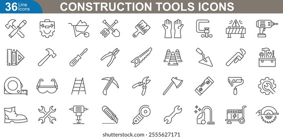 Construction tools icons set. DIY equipment, building, engineering, industrial, power, worksite, modern tool and more. simple line icons vector illustration.