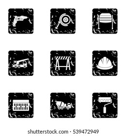 Construction tools icons set. Grunge illustration of 9 construction tools vector icons for web