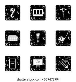 Construction tools icons set. Grunge illustration of 9 construction tools vector icons for web