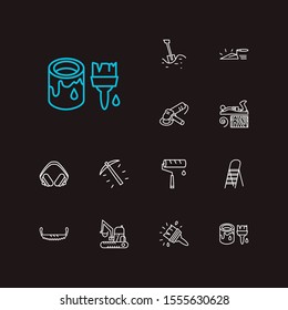Construction tools icons set. Jack plane and construction tools icons with paint roller, ear protection and two-man saw. Set of drawing for web app logo UI design.