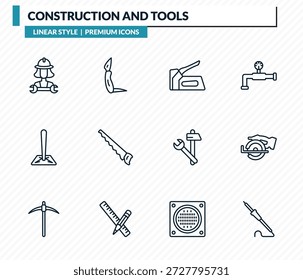 conjunto de ícones de construção e ferramentas - trabalho mecânico, canivete, arma de grampo, serra de corte, ferro soldagem esboço coleção de vetor.