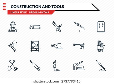 construction and tools icons set - mechanic working, metal saw, improvement, jackknife, iron soldering outline vector collection.