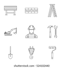 Construction tools icons set. Outline illustration of 9 construction tools vector icons for web