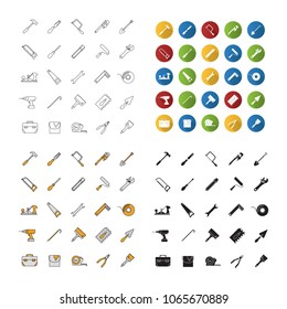 Construction tools icons set. Renovation and repair instruments. Linear, flat design, color and glyph styles. isolated vector illustrations