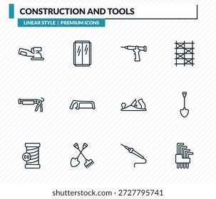 Bau und Werkzeuge Icons Set - Schleifen Rhein, Glaswand, Dichtstoffpistole, Pik, Innen Schlüssel Kontur Vektorgrafik Sammlung.