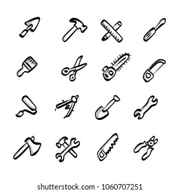 construction tools icons set with shadow vector illustration sketch hand drawn with black lines isolated on white background