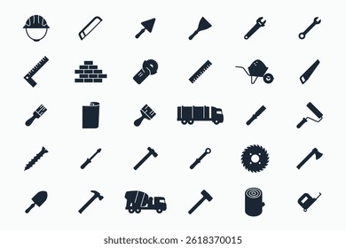 Construction tools icons set. Simple set of masonry worker tools vector icon illustration. Concrete mixer, timber tool, wrench symbol logo collections