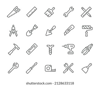 Construction Tools Icons Set. Such as, Drill, Level, Wrench, Brush, Spatula, Hammer and others