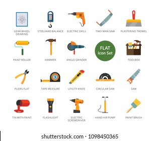 Construction tools icons set. Twenty two multicolored flat icons
