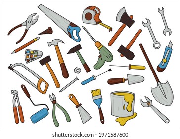 Construction tools icons set Vector Ilustration in doodle style