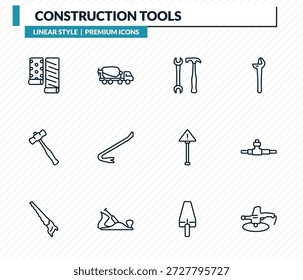 Conjunto de iconos de herramientas de construcción: Fondo de pantalla, mezclador de hormigón, destornillador de garaje, tuberías de plomería, pulidores, colección de Vector de contorno.