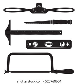 Construction tools icons. T-square, level, drywall saw, hacksaw, spokeshave. Black and white colors. 
