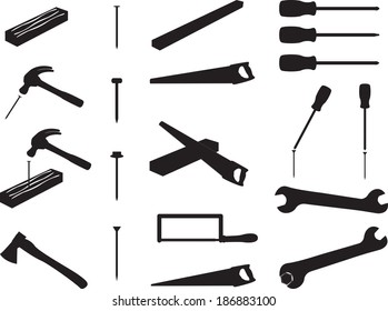 Construction tools illustrated on white