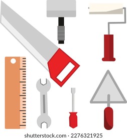 Construction tools include trowel, paint roller, screwdriver, ruler, saw and hammer. vector illustration.