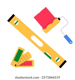 Construction Tools Including Paint Roller And Color Palette In Flat Vector Illustration Symbolizing Renovation And DIY, Isolated On White Background