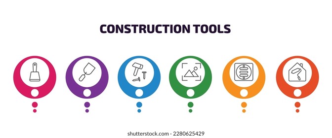 construction tools infographic template with icons and 6 step or option. construction tools icons such as bolster, gardening palette, hammer and nail, wallpaper, drain, home repair vector. can be