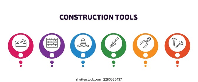 construction tools infographic template with icons and 6 step or option. construction tools icons such as jack plane, brick wall, traffic cone, garage screwdriver, repair pliers, screws vector. can