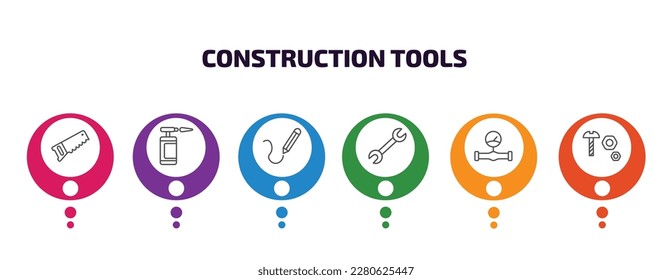 construction tools infographic template with icons and 6 step or option. construction tools icons such as hand saw, blowtorch, drawing, repair wrench, gas pipe, nuts and bolts vector. can be used