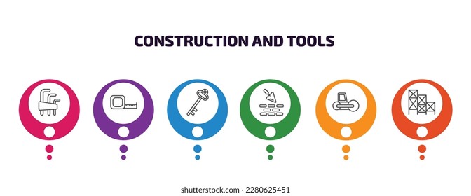 construction and tools infographic template with icons and 6 step or option. construction and tools icons such as allen keys, open scale, antique key, construction works, road roller, scaffolding