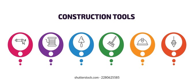construction tools infographic template with icons and 6 step or option. construction tools icons such as caulk gun, copper, trowel, cleaning mop, safety helmet, plumb bob vector. can be used for