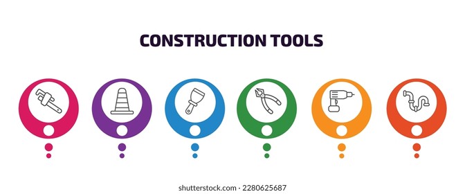 construction tools infographic template with icons and 6 step or option. construction tools icons such as stillson wrench, road construction, putty knife, plier, hand drill, plumbing pipes vector.