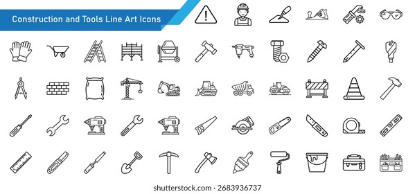 Construction and Tools Line Art Icon Set - 50 Outline Hammer, Wrench, Drill, Toolbox, Helmet, and Building Equipment Vector Icons for Architecture, Repair, and Industrial Design