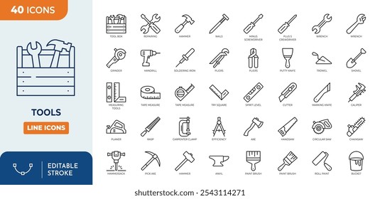 Conjunto de iconos editables de la línea de herramientas de construcción. icono relacionado para carpintero, constructor, tienda de equipos. Martillo, destornillador, sierra, llave, pincel, etc
