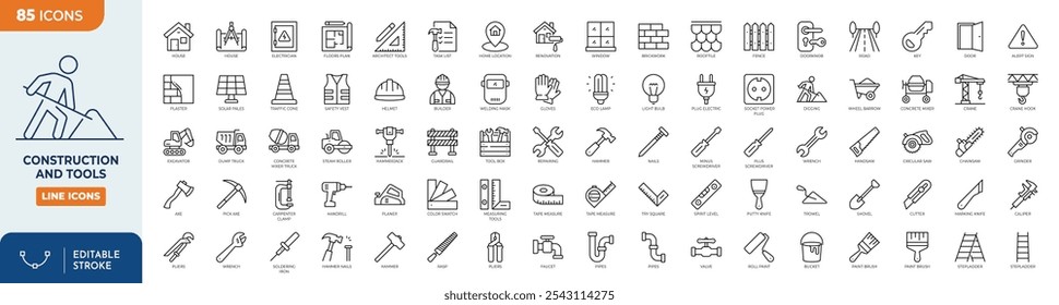 Construction and tools line editable icon set. Build, house repair tools, engineering, builder icon