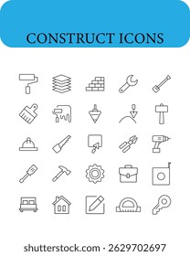 Construction and tools line editable icon set. Build, house repair tools, engineering, builder icon
