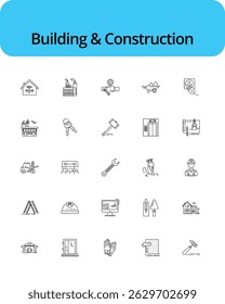 Construction and tools line editable icon set. Build, house repair tools, engineering, builder icon