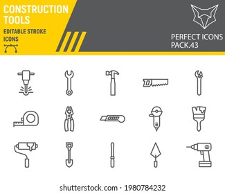 Construction tools line icon set, tools collection, vector graphics, logo illustrations, repair tools vector icons, construction industry signs, outline pictograms, editable stroke